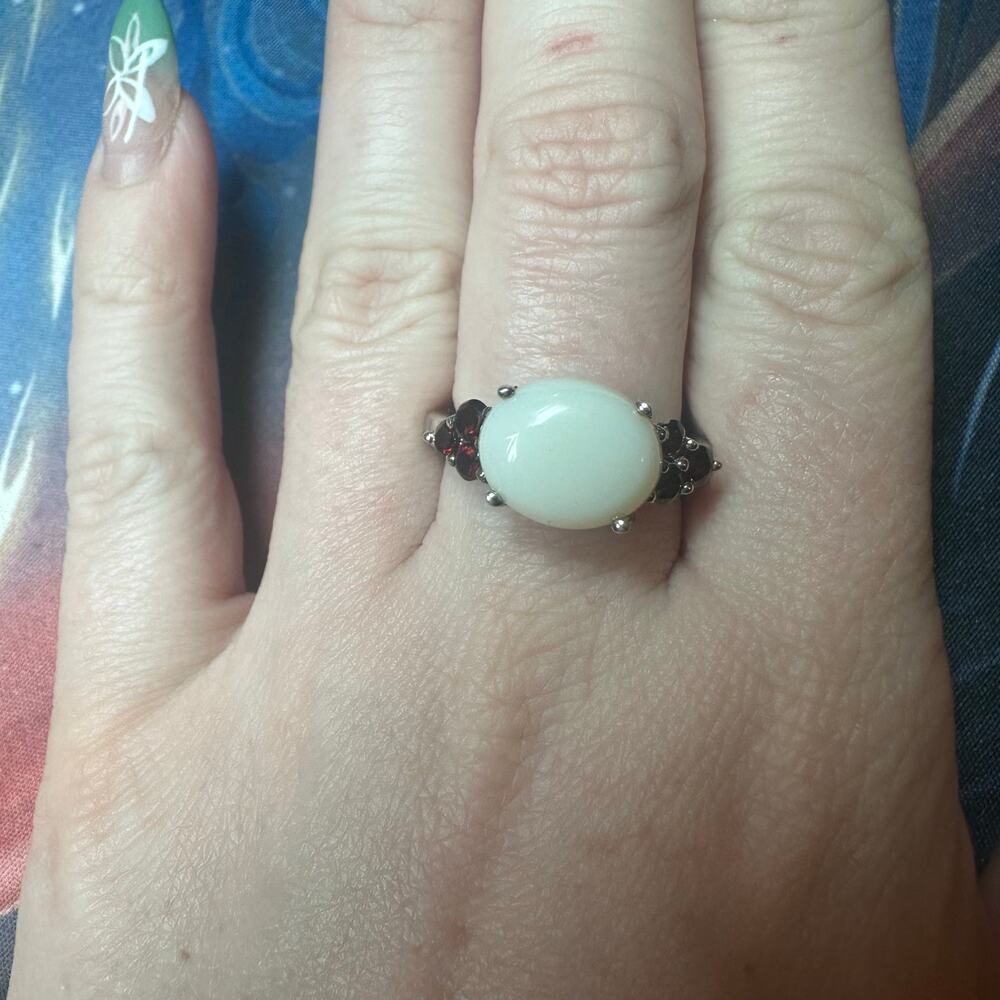 Opal and Garnets Sterling Silver Designer Ring QJ 925 Size 8